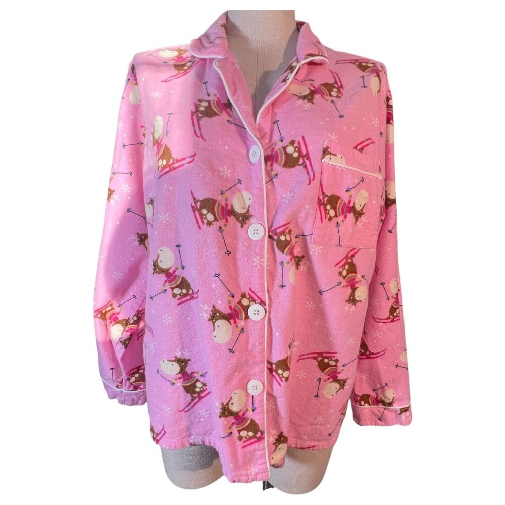 Womens Pink Skiing Moose Pajama Set Cotton Flannel By Character Size Large - Picture 3 of 11